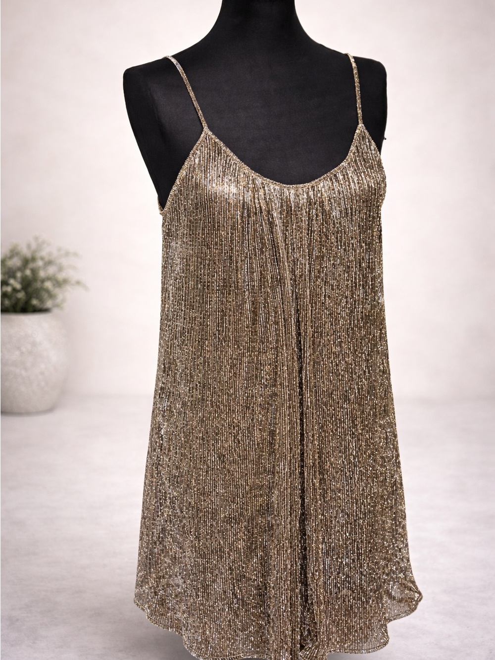 🖤 Paper Crane Gold Metallic Pleated Spaghetti Strap Mini Dress
